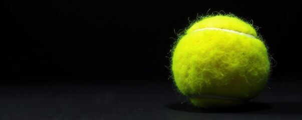 Fuzzy yellow tennis ball against black backdrop, shadow, object