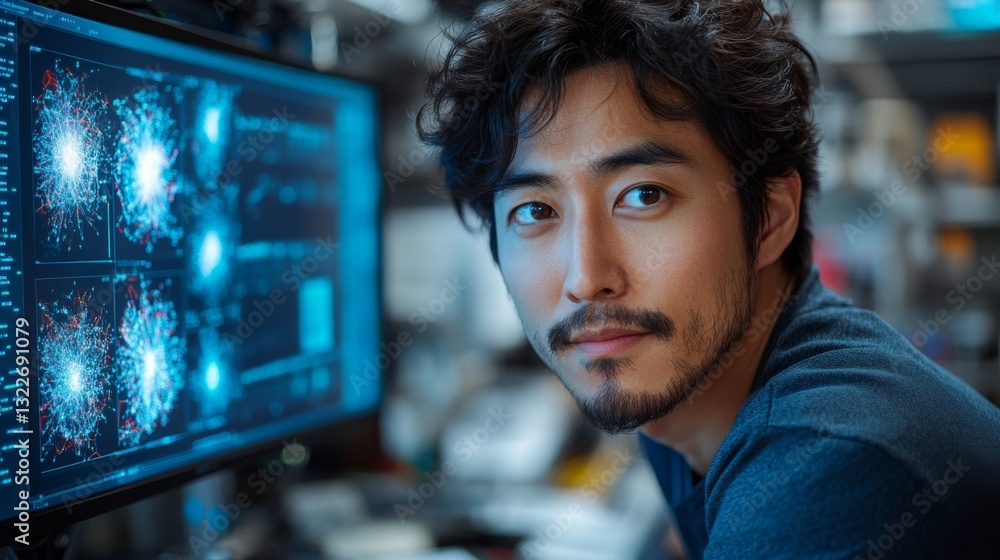 Fototapete A researcher studies intricate quantum algorithms and neural network optimization data on a computer screen in a contemporary laboratory. The environment is filled with advanced technology.