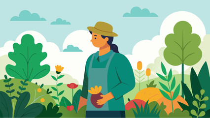 Overlooking the herbal garden the gardener takes a moment to breathe in the fresh aromas and reflect on the power of nature to promote wellness and balance.. Vector illustration