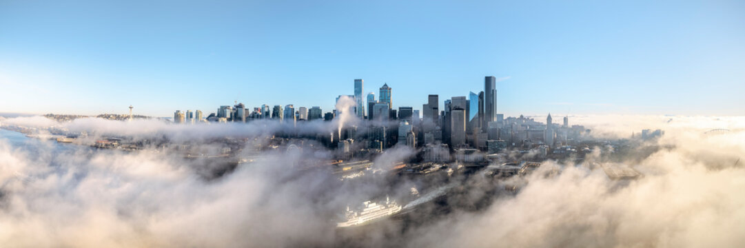 Seattle Waterfront Skyline in Morning Fog