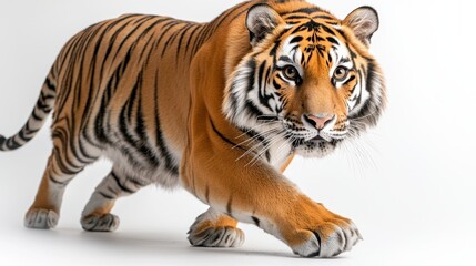 A majestic tiger with bright orange fur, bold black stripes, piercing eyes, and sharp claws, standing proudly against a white background.
