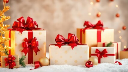 Obraz premium christmas presents are lined up on a snowy surface with a christmas tree, 