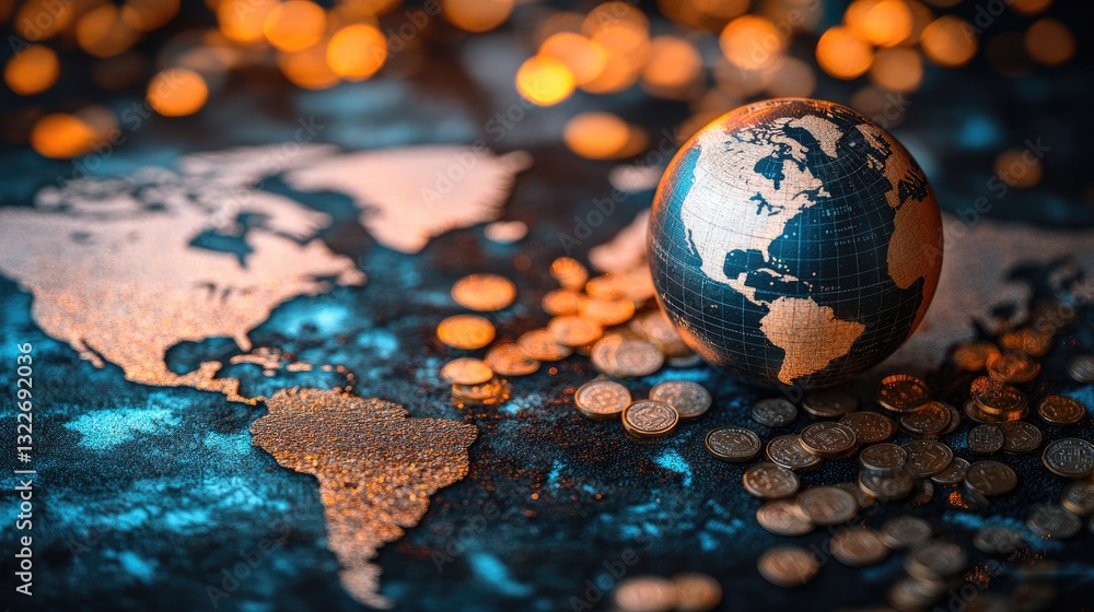 Poster a modern investment and banking concept showing a globe resting on a world map with financial elemen
