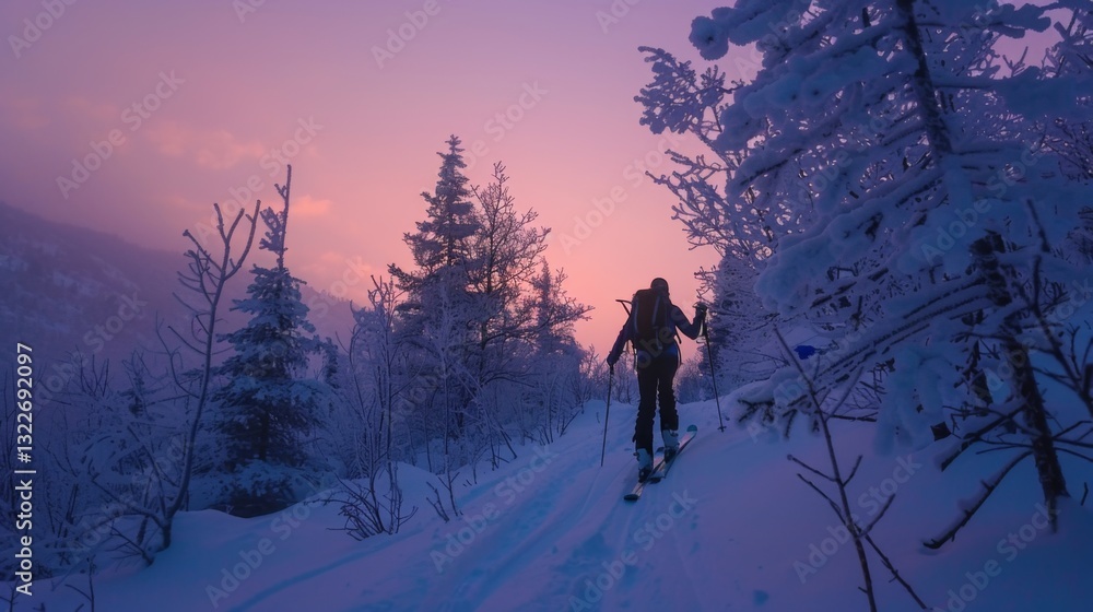 Poster a skier moves gracefully along a snow covered path in a tranquil forest, surrounded by tall trees an