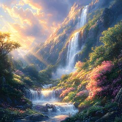 Fototapeta premium Lush Mountain Waterfall Surrounded by Vibrant Wildflowers and Light