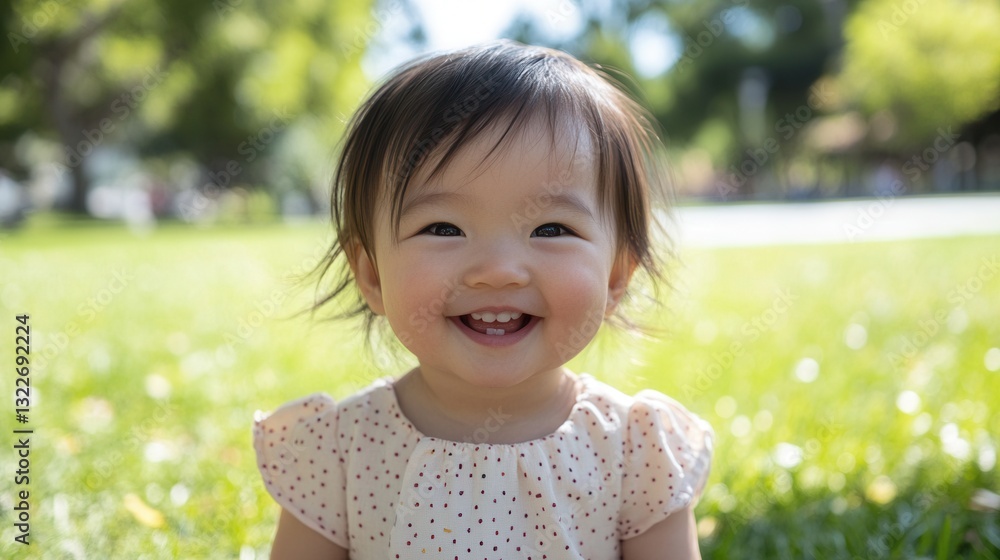Poster smiling child enjoying a sunny day in a park surrounded by green grass and trees, radiating joy and 