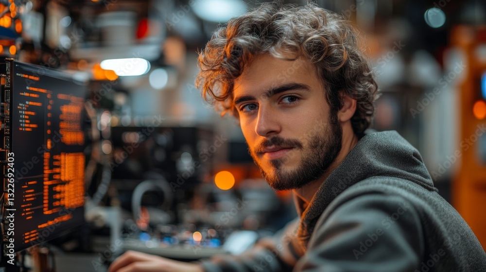 Aufkleber A young man focuses on a computer in a lab, applying quantum computing concepts like superposition and entanglement to improve encryption and security against eavesdropping.