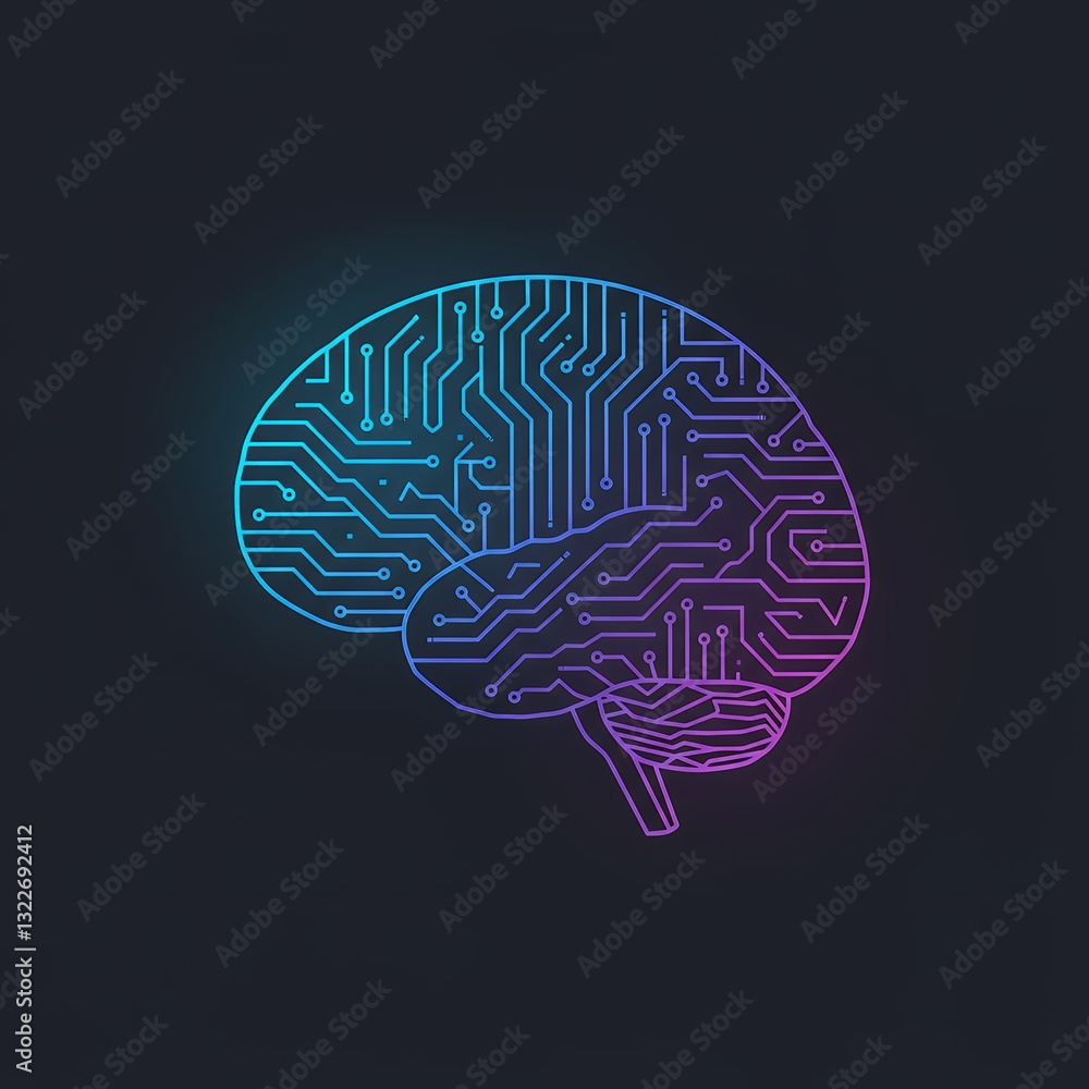 Poster digital brain circuit design with gradient colors represents cognitive technology