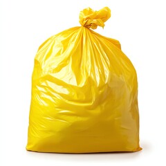 Yellow Plastic Trash Bag Isolated on White Background, Waste Management