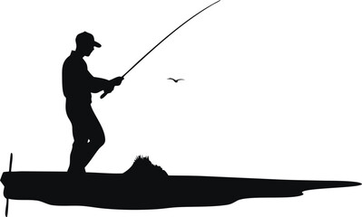 Obraz premium Man fishing from a lake coast, silhouettes. Vector illustration