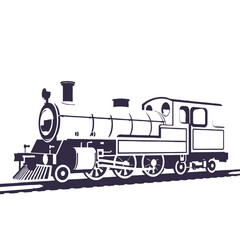 A stylized illustration of a steam locomotive on tracks, rendered in shades of white and dark gray 
