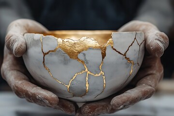 A hand holding a kintsugi bowl with gold lines across it