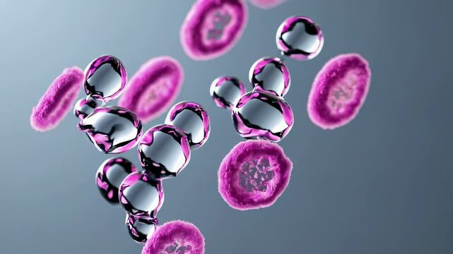 Microscopic cells and transparent bubbles interacting in fluid motion. Abstract science background