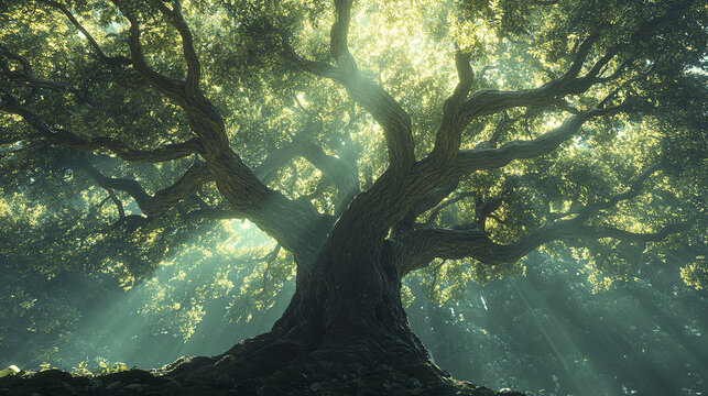 Ancient terebinth tree with dense green canopy and sunlight filtering through