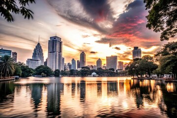 Fototapeta premium Bangkok Lumpini Park Silhouette Photography: Stunning Sunset, Cityscape, Lake Views