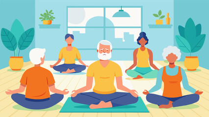 A room filled with natural sunlight as seniors practice mindfulness meditation paying attention to their breath and surroundings.. Vector illustration