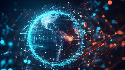 Obraz premium A computer generated image of a globe with a blue and red background. The globe is surrounded by a network of lines and dots, giving the impression of a complex and interconnected world