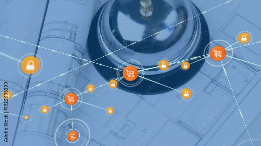 Poster animation of shopping cart and lock icons on blueprint with bell in background