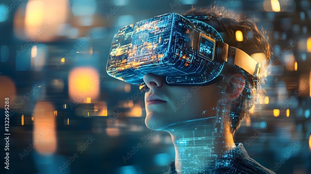 Poster a man wearing a virtual reality headset is looking at a computer screen. concept of immersion and ex