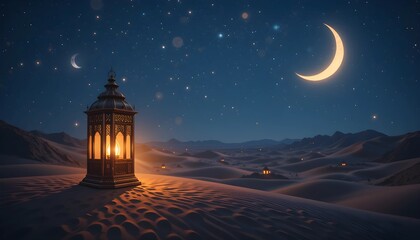Ramadan Lantern in Desert with Crescent Moon and Starry Night - Islamic Spiritual Scene for Eid and Ramadan Celebration