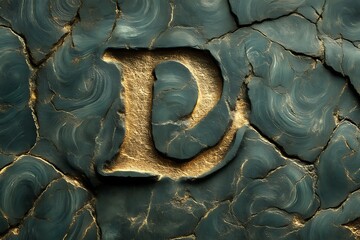 A carved letter D within a textured cracked green and gold stone