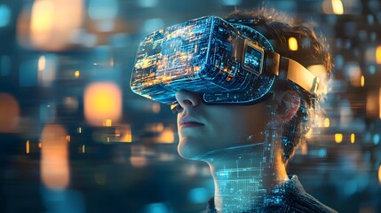 A man wearing a virtual reality headset is looking at a computer screen. Concept of immersion and excitement, as the viewer is transported into a digital world