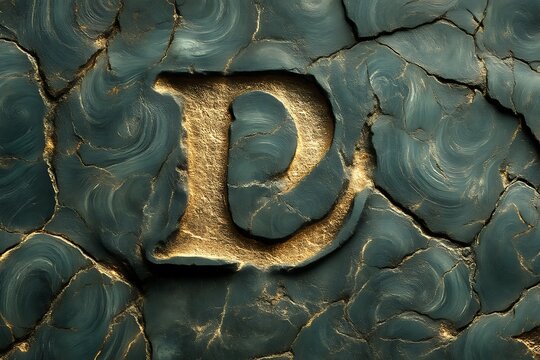 A carved letter D within a textured cracked green and gold stone - Powered by Adobe