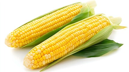 2 fresh corn ears with leaves isolated on white
