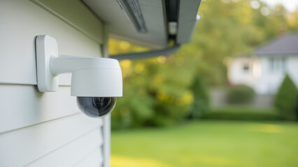 Modern outdoor security camera mounted on house exterior overlooking green lawn and garden area in residential neighborhood