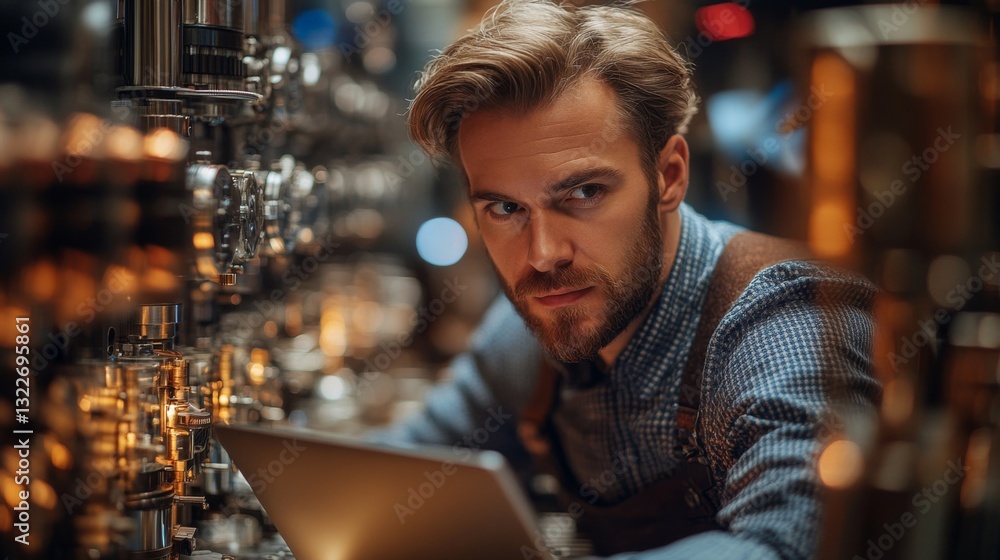 Poster A young researcher investigates quantum principles using advanced simulations in a high-tech laboratory filled with complex equipment. The environment highlights cutting-edge physics.