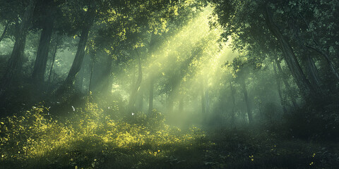 Sunlight filters through lush rainforest canopy, creating serene atmosphere