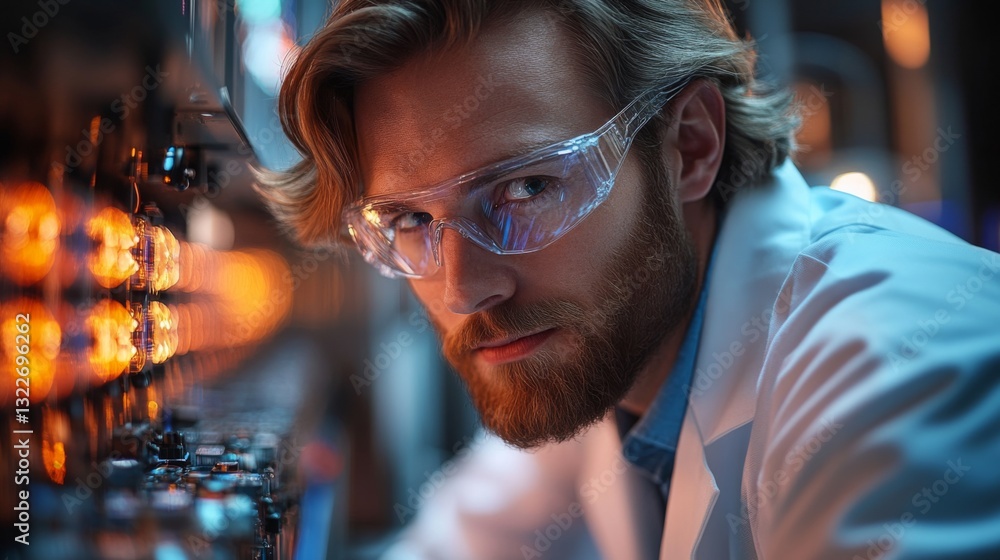 Poster A researcher in a laboratory examines complex equipment related to quantum physics, focusing on qubits and their behavior in superposition and entanglement experiments.