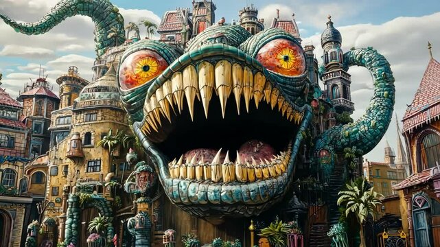 Colorful fantasy cityscape with a giant monster facade welcoming visitors