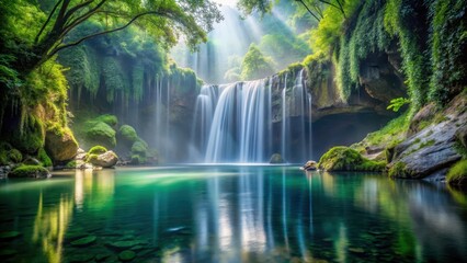 Obraz premium Serene Waterfall Cascading into a Crystal-Clear Pool, Surrounded by Lush Greenery and Bathed in Sunlight