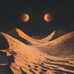 Surreal Desert Landscape with Two Moons in a Starry Night Sky