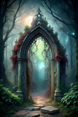 Fototapeta premium Gothic Gateway in Moonlit Forest with Eerie Green Aura