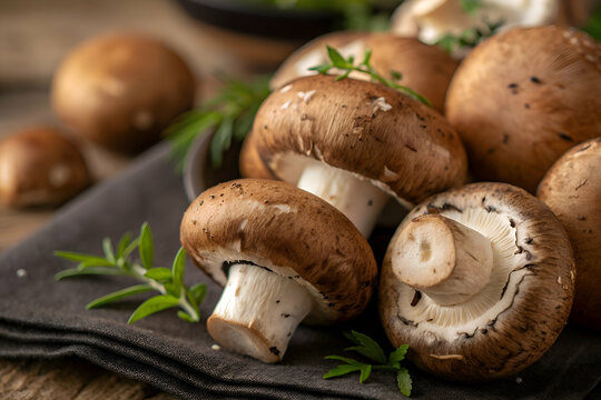 mashroom close up of fresh brown cremini mushrooms with herbs