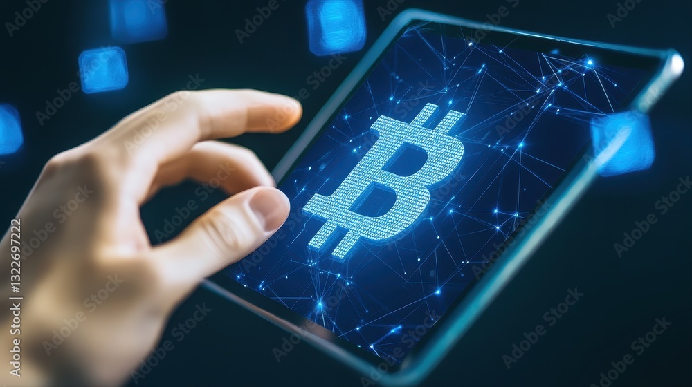 Aufkleber hand holding digital tablet displaying bitcoin as symbol of cryptocurrency and blockchain technology