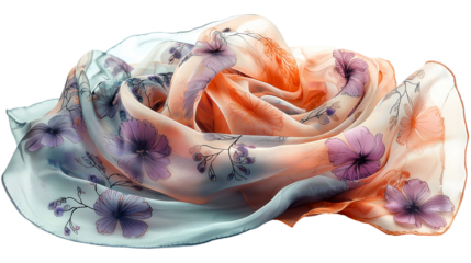 Elegant Silk Scarf Featuring an Abstract Floral Motif and Soft Pastel Tones isolated on transparent background 