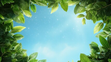 Obraz premium Clear blue sky framed by lush green leaves creating a refreshing and natural environment with vibrant colors