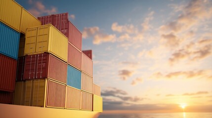 Fototapeta premium Container ship at sunset with freight containers being loaded and a dynamic scene of maritime activity in background