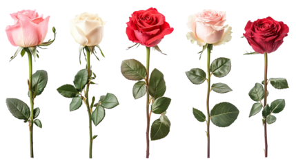 Elegant Rose Bouquet Collection Featuring Stalks in Pink, Red, and Cream with Lush Foliage isolated on transparent background 