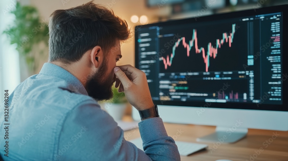 Poster thoughtful investor deep in contemplation while analyzing crypto portfolio on computer screen in a q