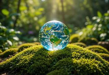 A crystal earth on green moss with outdoor garden background, Saving the clean planet, Ecology concept