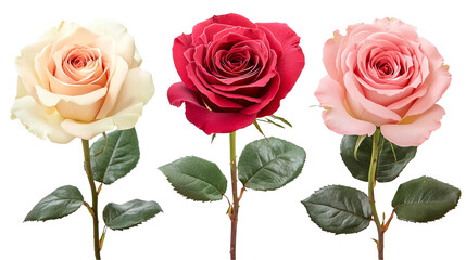 Naklejka premium Elegant Rose Bouquet Collection Featuring Stalks in Pink, Red, and Cream with Lush Foliage isolated on transparent background 