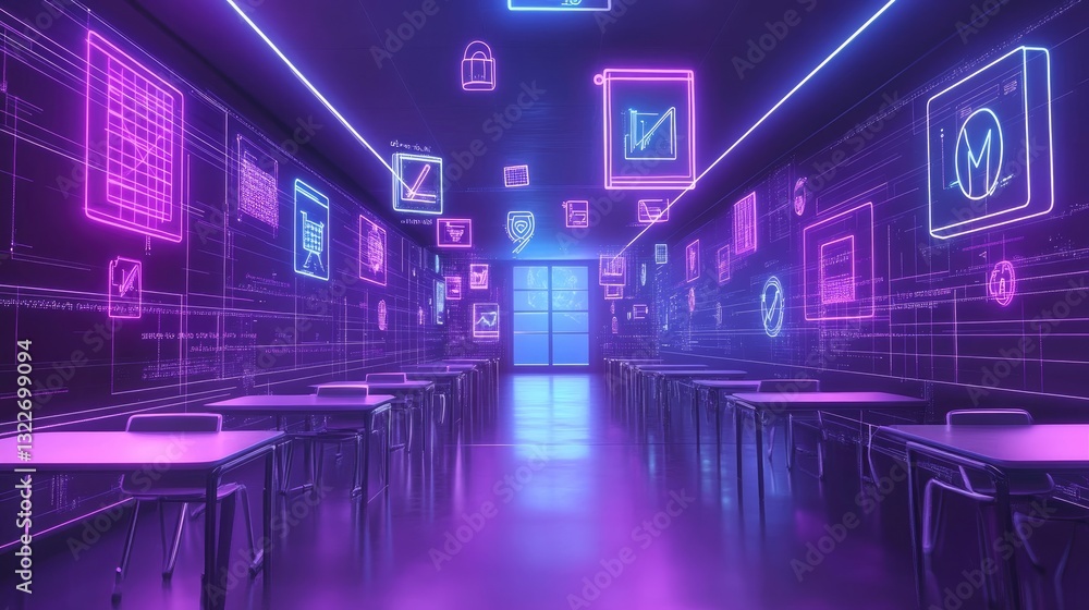 Fototapete A sci-fi inspired digital classroom with bright neon-themed floating academic icons hovering in a virtual space.