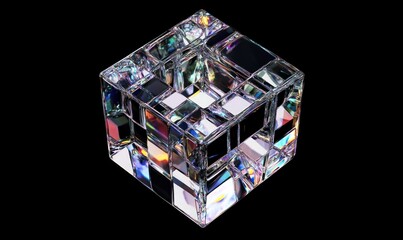Iridescent glass cube, multifaceted, abstract, geometric.