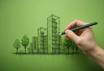 A hand holding a pencil over a green sustainable building concept sketch, Symbolizing eco friendly living and environmental awareness