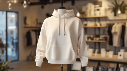 Ivory hooded sweatshirt on mannequin in fashion boutique background