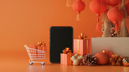 Smart Shopping Fest: A festive arrangement showcasing the allure of online shopping, with a smart device at the heart of it. It's a celebration of seamless purchasing and vibrant retail experiences.